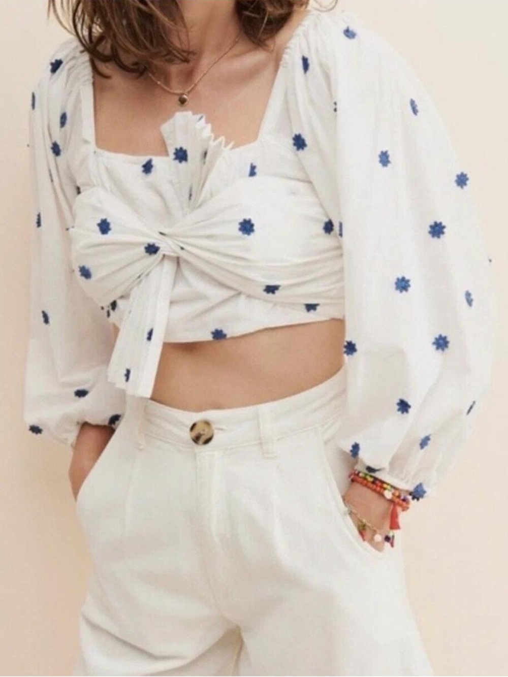 Farm Rio Blue Flowers Long Sleeve Crop Top Medium